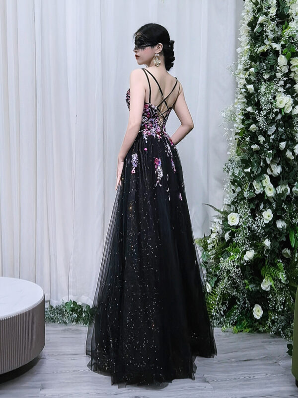 Black beaded floral evening gown with spaghetti straps, luxury formal dress for gala red carpet
