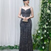 black beaded mermaid evening gown with spaghetti straps and chevron sequin details