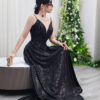Black beaded prom dress with V-neck straps, elegant mermaid formal gown for women