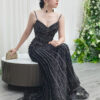 black glam evening dress with vertical bead stripes and mermaid skirt