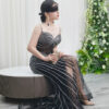 black glam mermaid evening dress with beaded chevron stripes and high slit