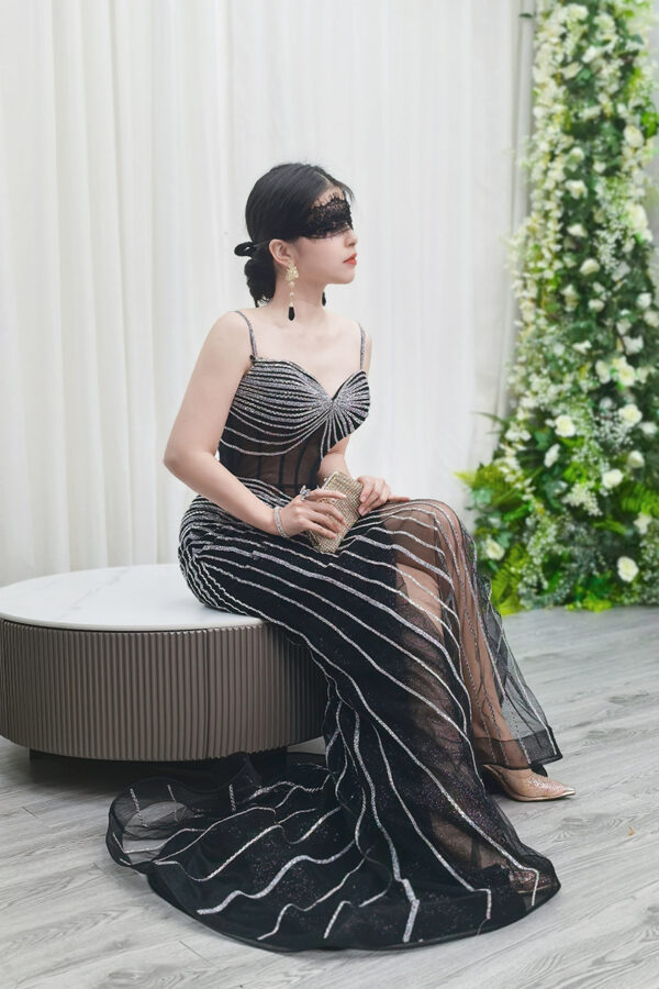 black glam mermaid evening dress with beaded chevron stripes and high slit