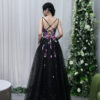 Black masquerade evening gown with purple floral embroidery, formal dress for women