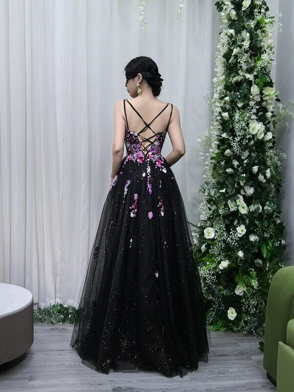 Black masquerade evening gown with purple floral embroidery, formal dress for women