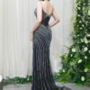 black sequin mermaid formal dress with beaded sheer bodice and train