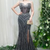 black silver beaded mermaid evening gown with sheer corset bodice and high slit