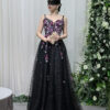 Black tulle evening gown with purple floral embroidery, luxury formal dress for prom wedding guest
