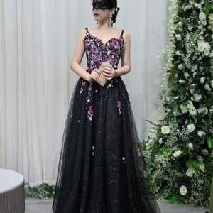 Black tulle evening gown with purple floral embroidery, luxury formal dress for prom wedding guest