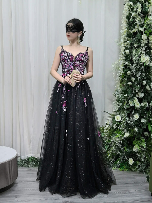 Black tulle evening gown with purple floral embroidery, luxury formal dress for prom wedding guest