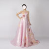 Elegant pink satin strapless ball gown with 3D floral embroidery and beading, floor-length A-line skirt with train, perfect for formal weddings and galas