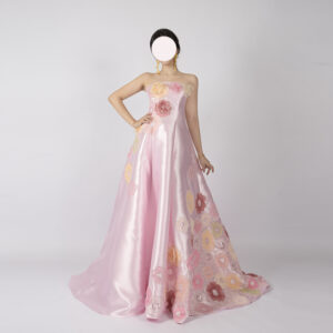 Elegant pink satin strapless ball gown with 3D floral embroidery and beading, floor-length A-line skirt with train, perfect for formal weddings and galas