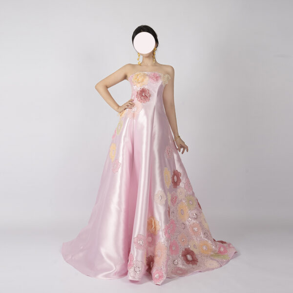 Elegant pink satin strapless ball gown with 3D floral embroidery and beading, floor-length A-line skirt with train, perfect for formal weddings and galas