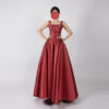 Elegant burgundy satin ball gown with square neckline, beaded bodice, and voluminous floor-length skirt, ideal for formal events and weddings.