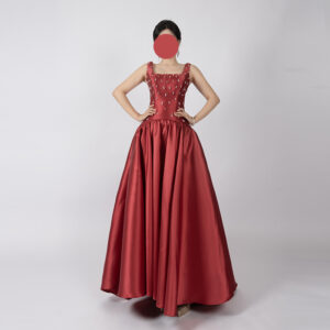 Elegant burgundy satin ball gown with square neckline, beaded bodice, and voluminous floor-length skirt, ideal for formal events and weddings.