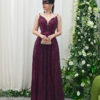 Burgundy sequin deep V-neck evening gown, luxury formal dress with flowing skirt for gala