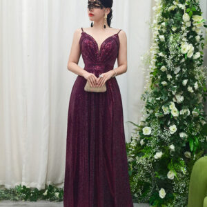 Burgundy sequin deep V-neck evening gown, luxury formal dress with flowing skirt for gala