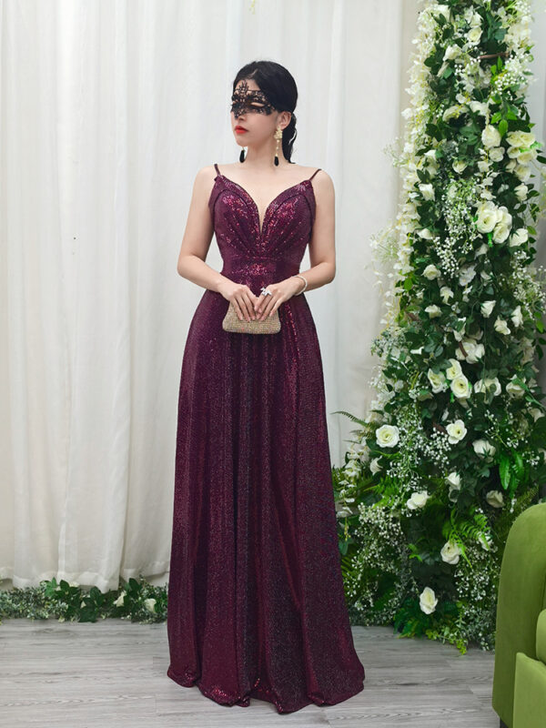Burgundy sequin deep V-neck evening gown, luxury formal dress with flowing skirt for gala