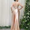 champagne formal gown with beaded strapless bodice and mermaid silhouette