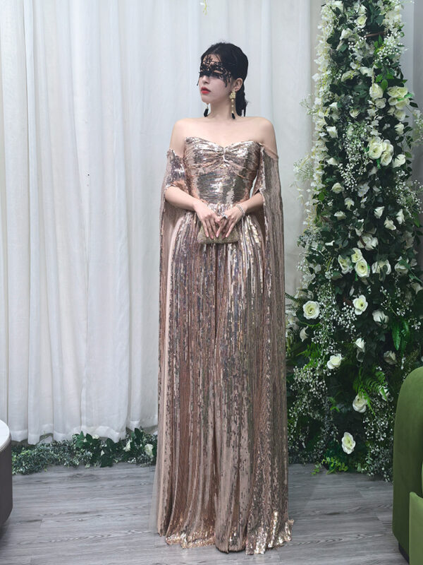 Champagne gold sequin prom dress with detached sleeves, elegant off-shoulder formal gown for women