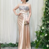 champagne satin prom dress with beaded strapless bodice and flowing train