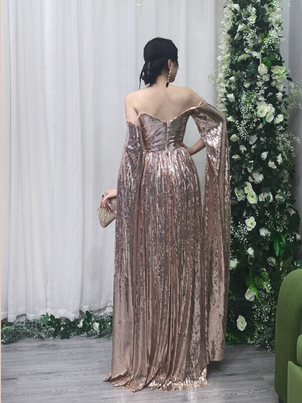 Champagne sequin masquerade gown with detached sleeves, glamorous strapless evening dress for women