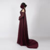 Burgundy Chiffon One-Shoulder Evening Gown with Floral Details and Sheer Sleeves
