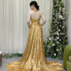 Elegant gold pleated evening dress with sleeveless deep V-neck, high slit, and dramatic trailing train.