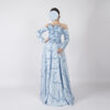 Light blue off-the-shoulder evening dress with 3D flower bodice, blue leaf beaded embroidery, long sleeves, and satin skirt