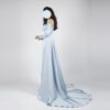 Elegant light blue satin evening gown with off-the-shoulder beaded top, long sleeves, and trailing train