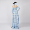 Ethereal light blue off-shoulder gown with 3D flower appliqué, blue leaf embroidery, long sleeves, and floor-length satin skirt