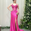 fuchsia satin mermaid formal dress with beaded sheer corset and train