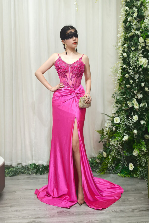 fuchsia satin mermaid formal dress with beaded sheer corset and train