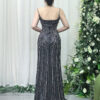black silver beaded formal dress with mermaid silhouette and train
