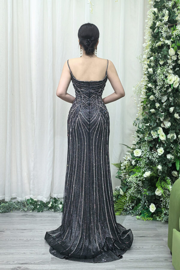 black silver beaded formal dress with mermaid silhouette and train