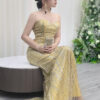 gold beaded formal dress with sweetheart neckline and mermaid silhouette