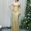 gold beaded mermaid evening gown with sweetheart strapless neckline and flowing train