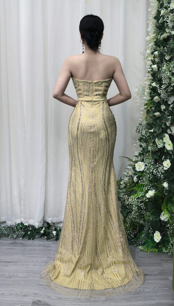 gold sequin formal gown with beaded sweetheart bodice and mermaid train