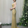 gold sequin mermaid prom dress with beaded sweetheart bodice and train