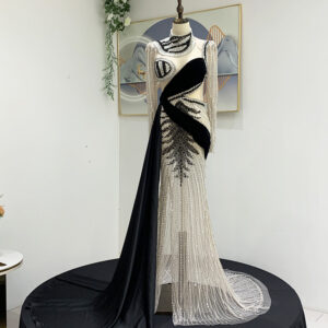 Black and Silver Crystal Beaded Pageant Gown with Dramatic Train
