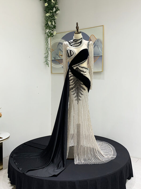 Black and Silver Crystal Beaded Pageant Gown with Dramatic Train
