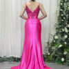 hot pink beaded formal gown with sheer corset bodice and mermaid train