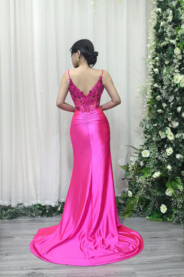 hot pink glam mermaid evening dress with 3D floral beaded bodice and high slit