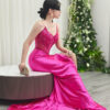 hot pink satin formal dress with 3D floral beaded bodice and mermaid slit