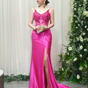 hot pink satin mermaid evening gown with 3D floral beaded sheer corset and high slit