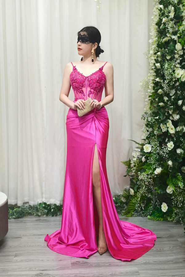 hot pink satin mermaid evening gown with 3D floral beaded sheer corset and high slit