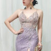 lavender beaded mermaid evening dress with sequin skirt and high slit