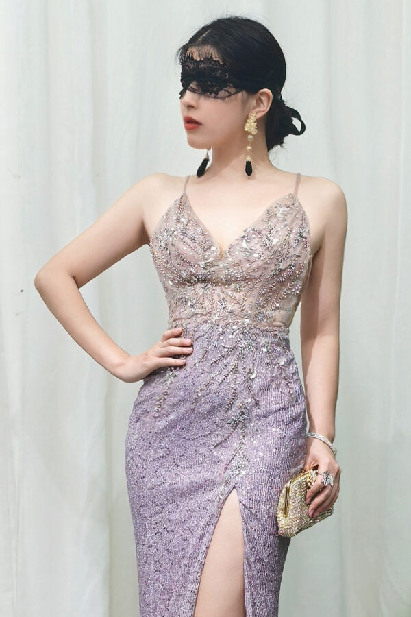 lavender beaded mermaid evening dress with sequin skirt and high slit