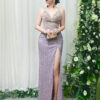 lavender beaded mermaid evening gown with sheer beaded bodice and high slit