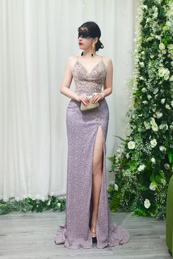 lavender beaded mermaid evening gown with sheer beaded bodice and high slit