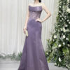 Lavender strapless mermaid gown with lace corset bodice and satin skirt, worn with a lace mask and beaded clutch.